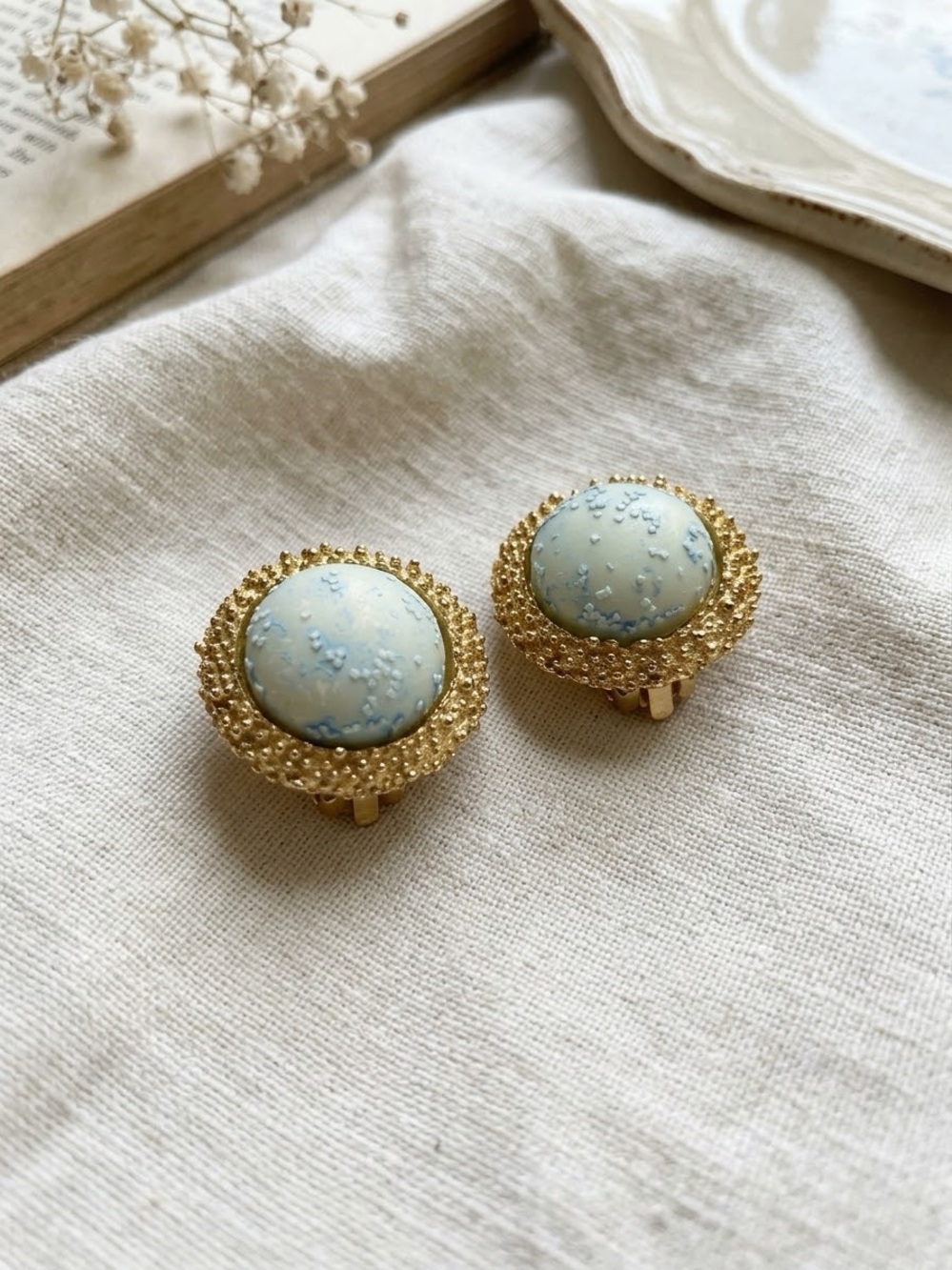 Vintage Light Blue Sugar Cabochon Textured Gold Tone Clip-On Earrings